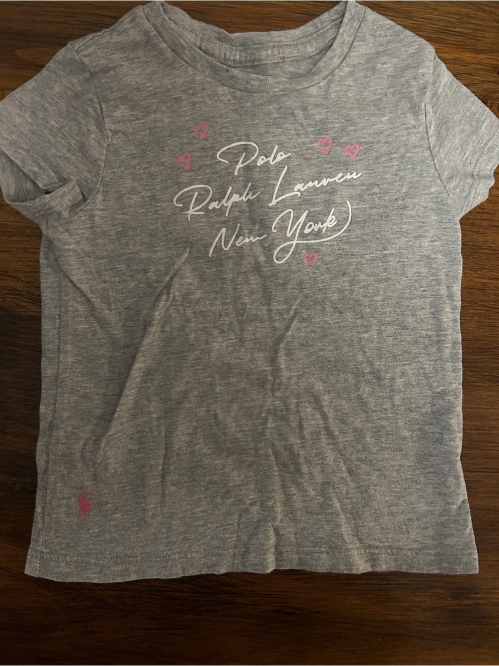 Polo by Ralph Lauren Gray Script Logo Tee with Pink Heart